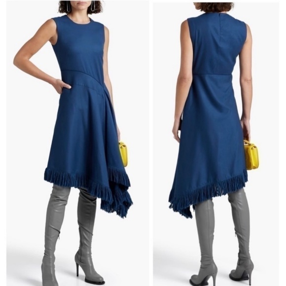 FERRAGAMO Cashmere Wool Asymmetric Fringed Cocktail Midi Dress Navy Blue NEW